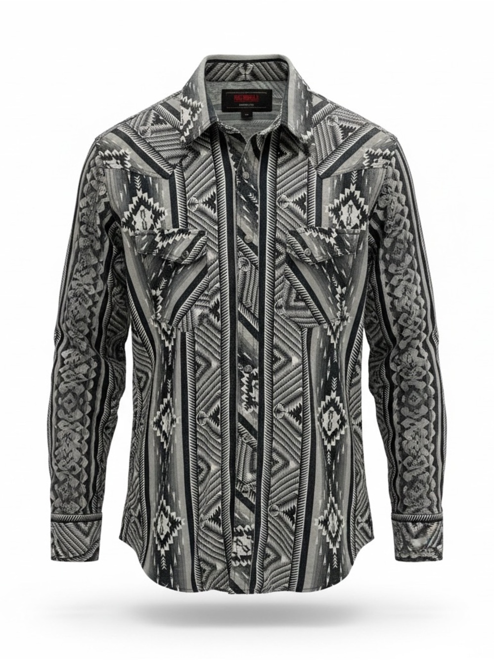 Men's Geometric Patterned Black & Gray Pearl Button Western Shirt